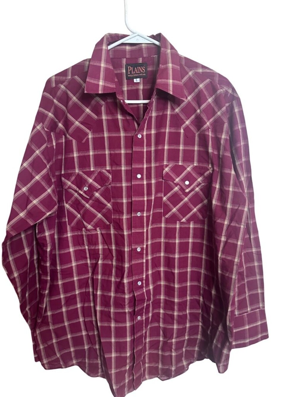 Vintage Plains western wear burgundy and tan plaid pearl snap shirt size L